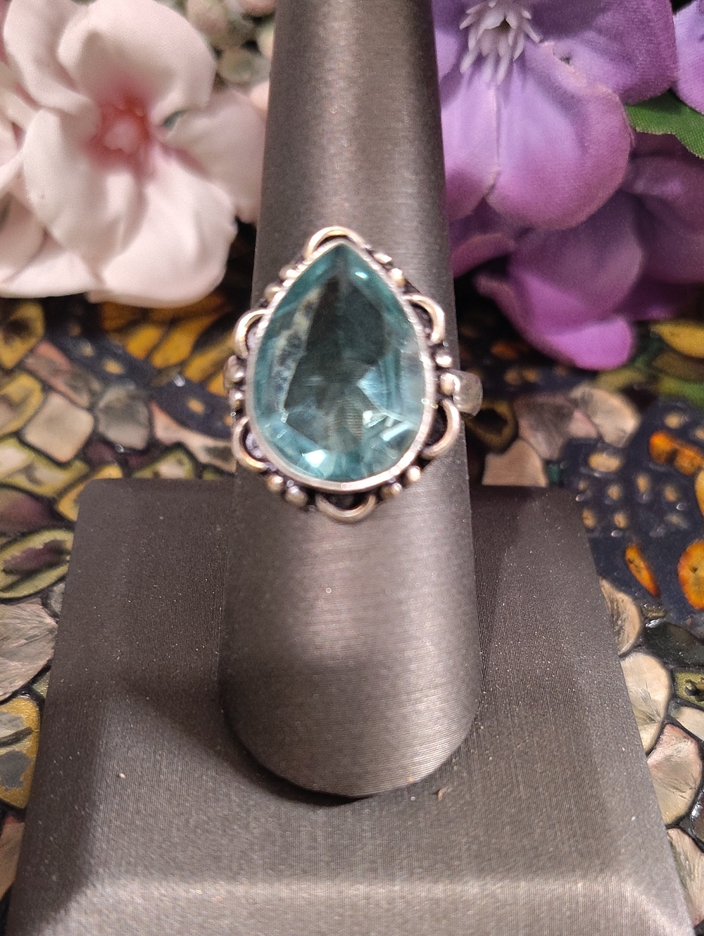 Aquamarine Glass Stone Ring 925 Silver - Size 9